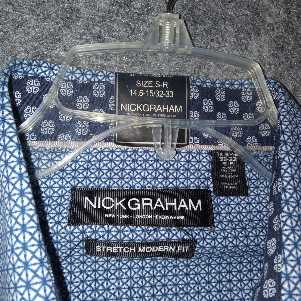 Nick Graham Button Down Shirt Mens S Blue Geometric Stretch Modern Fit NWT - Picture 2 of 8